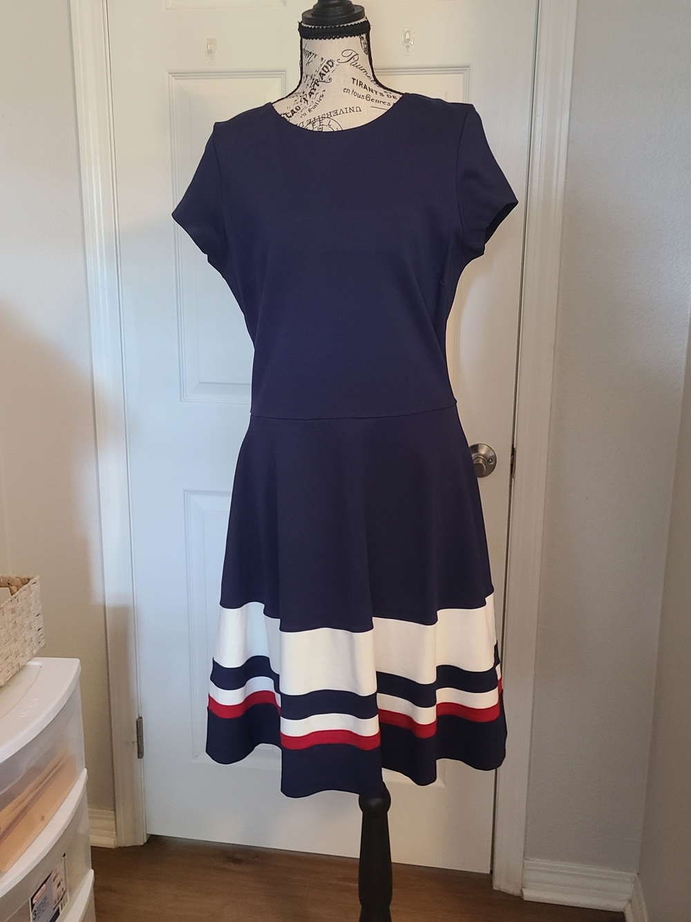 Navy Midi Fit-and-Flare Dress with Striped Hem
